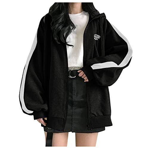 CCOOfhhc Y2k Jacke Damen Langarm Oversize Sweatjacke Hooded Full Zip Sportjacke Hoodie Frühling Gothic Skellet Drucken Kapuzenpulli Retro Streetwear Y2K E-Girl Sweatshirt Sweatjacke von CCOOfhhc