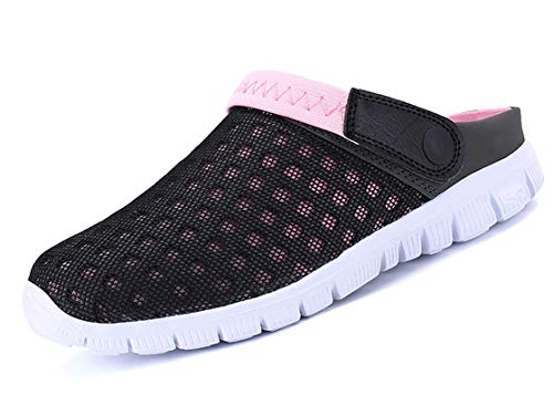 CELANDA Pantoffeln Unisex Clogs Atmungsaktiv Mesh Hausschuhe Sommer Strand Sandalen rutschfest Badeschuhe Gartenschuhe Slip-On Aqua Schuhe für Herren Damen Schwarz Pink Größe: 40 EU von CELANDA