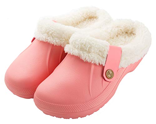 CELANDA Clogs Gefüttert Damen Herren Warm Hausschuhe wasserdichte Gartenclogs mit Fell Frauen Geschlossen Lined Clogs Winter Plüsch Pantoletten Pink 43/44 EU von CELANDA