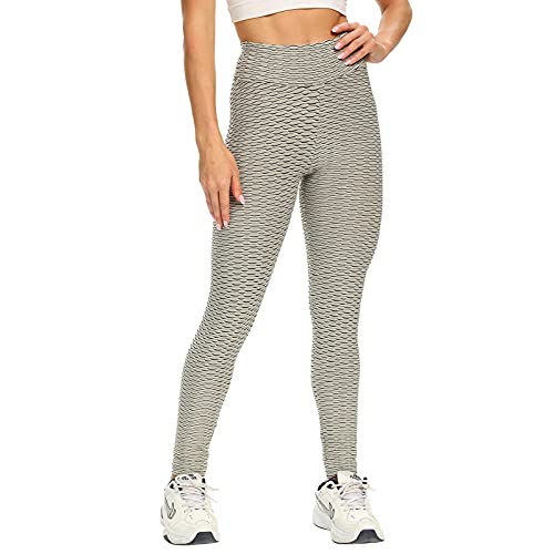 CFlong Damen Sport Leggings, Taille Yogahosen, Tummy Control Legging Pfirsich Hüftsport Jacquard Blase Gym Strumpfhose Für Lauftraining Fitness (Beige,S) von CFlong