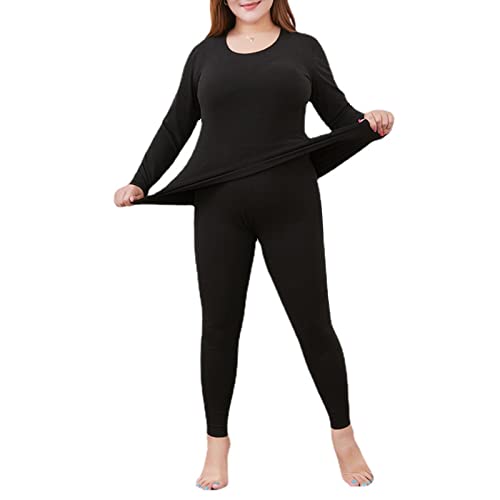 CFlong Thermowäsche Set, DamenThermounterwäsche, Thermo Unterwäsche, Ultra Weich Warm Rundhalsausschnitt Mit Hoher Taille Große Ober- Und Unterteile (Black,4XL) von CFlong