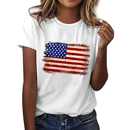 CGGMVCG 4. Juli Shirts für Frauen Amerika Flagge Druck O Ausschnitt Kurzarm Bluse Tops T-Shirts T Amerikanische Flagge Tops für Frauen, Weiß, Groß von CGGMVCG