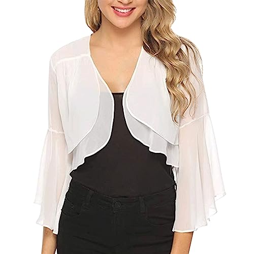 CGGMVCG Damen Chiffon Bolero Kurzarm Elegant Shrug Top Open Front Strickjacke Cardigan Sommer Cropped Transparent Bolerojacke für Frauen, Z02 Weiß, Mittel von CGGMVCG