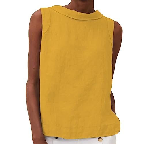 CGGMVCG Damen Leinen Tank Tops Einfarbig Big Drop Kragen Lose Plissee Zwei Frauen ärmellose Tops, Gelb, XXL CGGMVCG Damen Leinen Tank Tops Einfarbig Big Drop Kragen Lose Plissee Zwei Frauen ärmellose Tops, Gelb, XXL von CGGMVCG