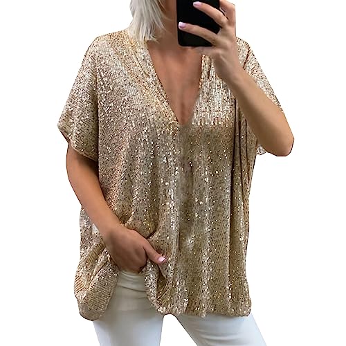 CGGMVCG Damen-Sommer-Tops, Frühling/Sommer, lässig, lockere Passform, großer Ausschnitt, V-Ausschnitt, Kurze Ärmel, Pailletten, Damen-T-Shirts, Gold, L CGGMVCG Damen-Sommer-Tops, Frühling/Sommer, lässig, lockere Passform, großer Ausschnitt, V-Ausschnitt, Kurze Ärmel, Pailletten, Damen-T-Shirts, Gold, L von CGGMVCG