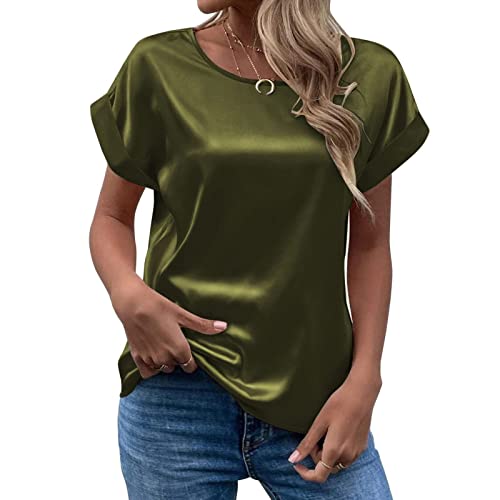 CGGMVCG Damen Sommer Tops Frühling Sommer Damen Kurzarm Seide Satin Hemd Lose Casual Rundhals Blusen, Armeegrün, Mittel von CGGMVCG