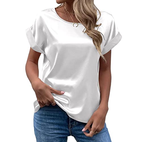 CGGMVCG Damen Sommer Tops Frühling Sommer Damen Kurzarm Seide Satin Hemd Lose Casual Rundhals Blusen, Weiß, Klein von CGGMVCG