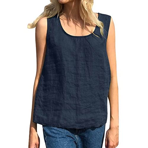 CGGMVCG Damen-Tanktop in Übergröße, locker, lässig, Baumwolle, Leinen, einfarbig, U-Ausschnitt, ärmellose Blusen für Damen, Marineblau, XXL von CGGMVCG