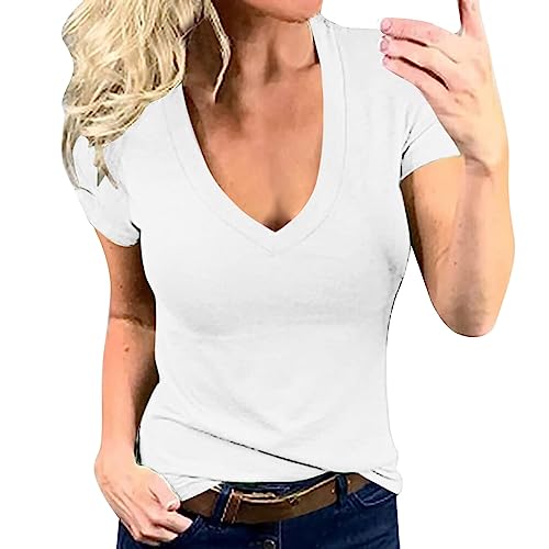 CGGMVCG Damen Tops Frauen Einfarbig Tiefer V-Ausschnitt Mode Sexy Kurzarm T-Shirt Damen T-Shirts, Weiß, M von CGGMVCG