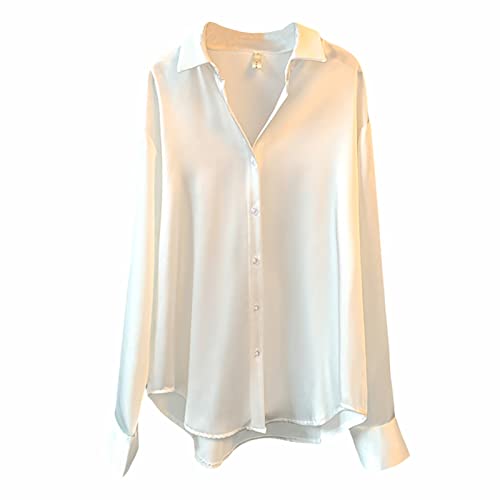 CGGMVCG Damen Tops Sommer Casual Lose Button Down Shirts Langarm Einfarbig Seide Satin Bluse Shirt für Damen, Weiss/opulenter Garten, Klein von CGGMVCG