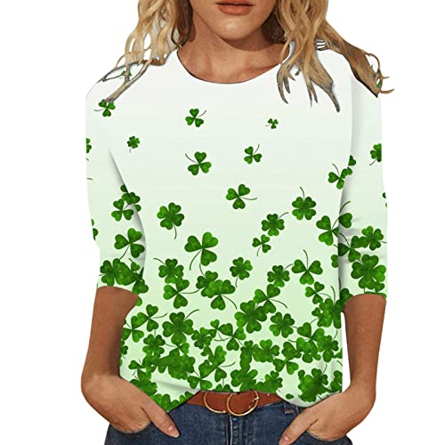 CGGMVCG St Patricks Day Shirt Damen 3/4 Ärmel Kleeblatt T-Shirts Mode Rundhals Kleeblatt Druck Irische Festival Kleidung, A06 weiß, Klein von CGGMVCG