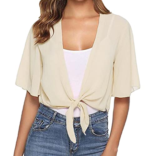 CGGMVCG Trendige Tops für Frauen Frauen Tie Front Chiffon Kurzarm Cropped Sheer Bolero Cardigan T-Shirts für Frauen, Beige, Klein von CGGMVCG