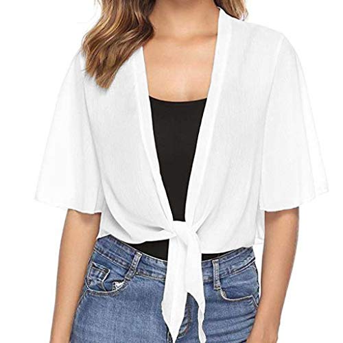 CGGMVCG Trendige Tops für Frauen Frauen Tie Front Chiffon Kurzarm Cropped Sheer Bolero Cardigan T-Shirts für Frauen, Weiss/opulenter Garten, L von CGGMVCG