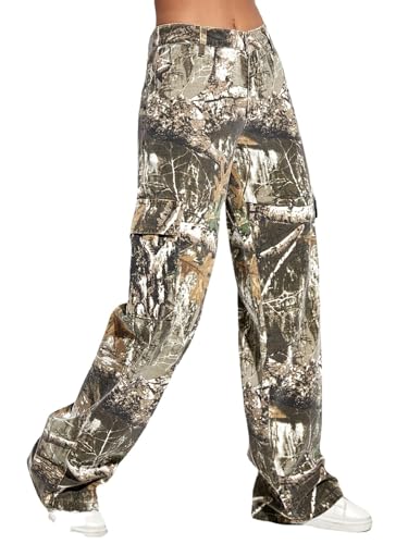 Cargohose für Damen, Camouflage, hohe Taille, weites Bein, Camouflage, Armee-Ermüdung, schmale Passform, Taschen, Jogginghose, Camo, X-Large Lange von CGM