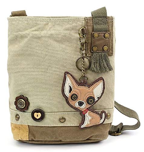 CHALA Damen Canvas Patch Crossbody Handtasche mit Schlüsselanhänger - Sand, Chihuahua - Sand, Medium von CHALA