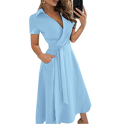 CHAOEN Sommerkleid Damen Elegant Blusenkleid Kurzarm V-Ausschnitt Midi Kleid Einfarbig Cocktailkleid Partykleid Lose A-Linie Shirtkleid Business Kleider mit Gürtel CHAOEN Sommerkleid Damen Elegant Blusenkleid Kurzarm V-Ausschnitt Midi Kleid Einfarbig Cocktailkleid Partykleid Lose A-Linie Shirtkleid Business Kleider mit Gürtel von CHAOEN