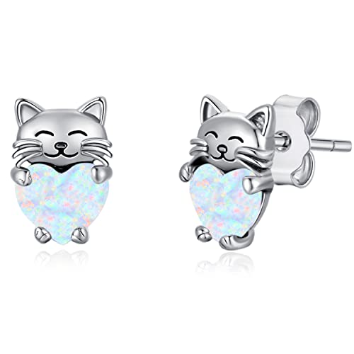 Katze Ohrstecker Opal Silber 925 Katzen Ohrringe Mädchen Stecker Katze Geschenke Schmuck für Kinder Damen… von CHENGHONG