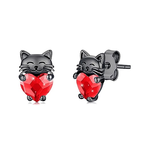 Katzen Ohrringe Mädchen 925 Silber Schwarze Katze Ohrstecker Hypoallergen Rot Kristall Stecker Katzen Schmuck Tier Geschenke für Kinder Damen…… von CHENGHONG