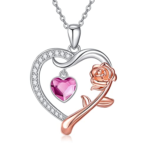 Kette Rosen mit Geburtsstein Herz Anhänger 925 Sterling Silber Rosegold Kette Damen Juli Schmuck für Frauen Mutter Tochter Freundin Mama Geschenke von CHENGHONG