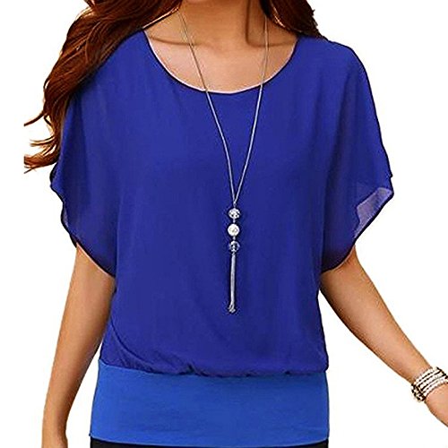 Damen Fledermaus Batwing Chiffonbluse Tunika T-Shirt Top Oberteile Kurzarm Rundkragen Sommer Casual Loose Bluse Fit Tops Blusen Damenshirt Sweatshirt von CHENGY