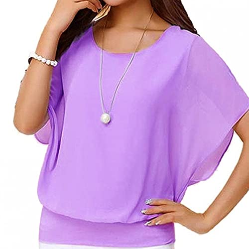 Damen Fledermaus Batwing Chiffonbluse Tunika T-Shirt Top Oberteile Kurzarm Rundkragen Sommer Casual Loose Bluse Fit Tops Blusen Damenshirt Sweatshirt von CHENGY