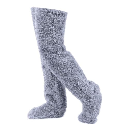 CHENRI Niedliche Pfotensocken-Hausschuhe, Dicke Pantoffel Socken, Damen Kuschelsocken, Plüsch Overknee Socken Flauschig Winter Warme Socken, Lange Haussocken Slipper Socken (Hellgrau) von CHENRI