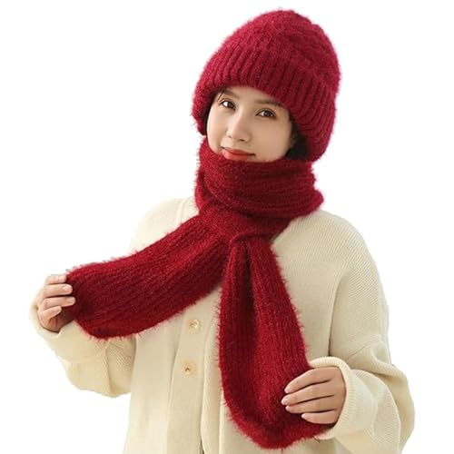 CHENRI Damen Verdickter Warmer Einteiliger Hutschal, 2 in 1 Winterschal Mütze, Integrierter Gehörschutz Winddichte Mütze Schal, Winter Warm Strickmütze, Kapuzenschal für Frauen (1, Rot, Eine Größe) von CHENRI