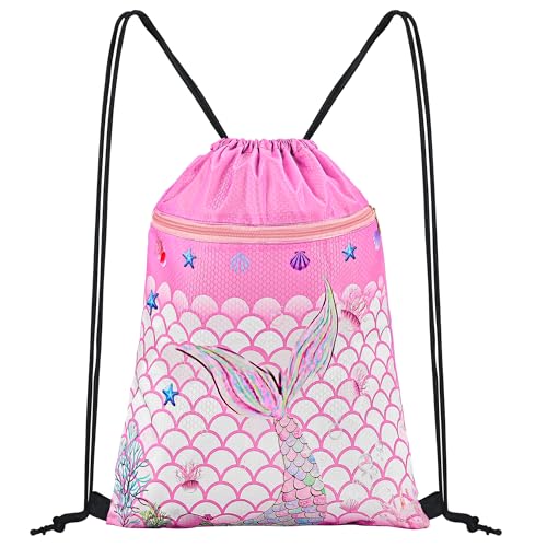 CHEPULA Rucksack mit Kordelzug – Sport Turnbeutel Wasserdicht Strand Schwimmen Schule Reisen Sackpack Mermaid pink von CHEPULA