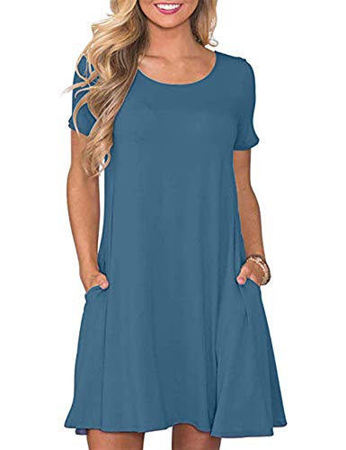 CHERFLY Damen Sommer T-Shirtkleid Casual Freizeitkleid Kurzärmliges Minikleid mit Taschen (Grau Blau,S) von CHERFLY