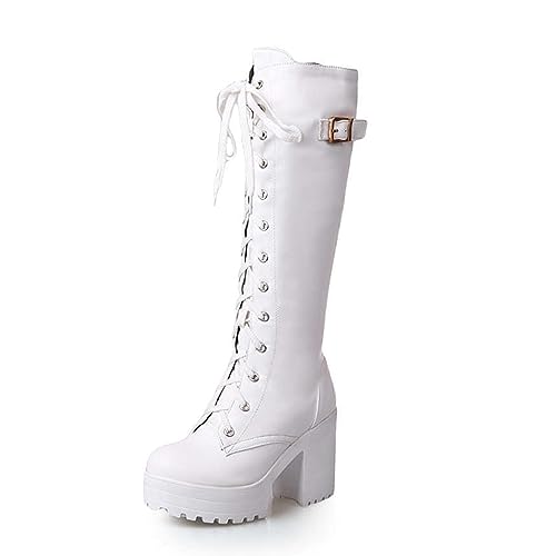 Klassisch Schnürstiefel Mit Blockabsatz Damen Langschaft Stiefel Mit Schnalle Plateau Schneestiefel Herbst Winter PU-Leder Warm Boots Rutschfest Gummistiefel Frauen Party Schuhe (Color : White, Size von CHHYU