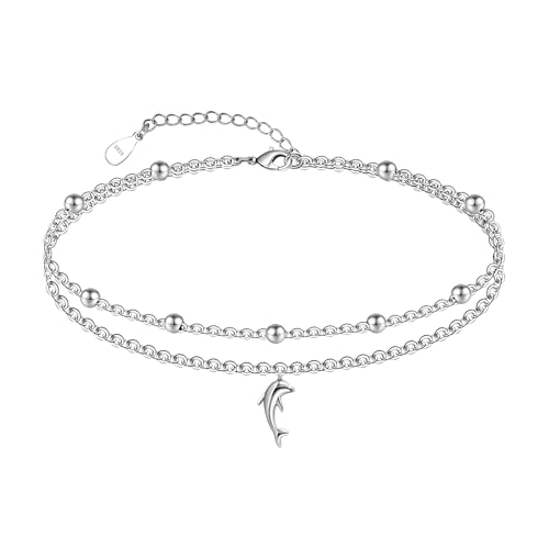 CHIC & ARTSY Delfin Fußkettchen 925 Sterling Silber Delfin Schwanz Fußkettchen Surfer Einstellbar 11 Zoll Boho Layered Beach Fußkettchen Delfin Fußkettchen Surfer für Frauen von CHIC & ARTSY