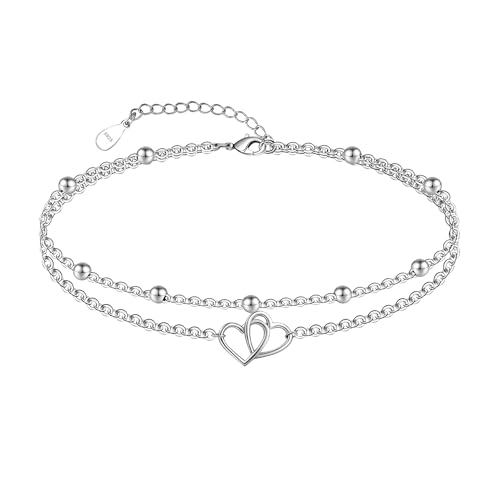 CHIC & ARTSY Doppeltes Herz Fußkettchen 925 Sterling Silber Herz Fußkettchen für Frauen einstellbar geschichtet Strand Fußkettchen 11 Zoll Boho doppelte Kette 2 Herz Fußkettchen von CHIC & ARTSY