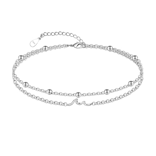 CHIC & ARTSY Welle Fußkettchen 925 Sterling Silber Welle Fußkettchen für Frauen Boho geschichteten Strand Fußkettchen einstellbar Doppelkette Fußkettchen 11 Zoll von CHIC & ARTSY