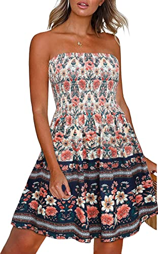 CHICGAL Sommerkleider für Frauen Strand Cover Ups trägerlos Boho Blumendruck Sommerkleid, Marineblau mit Blumenmuster, X-Groß von CHICGAL