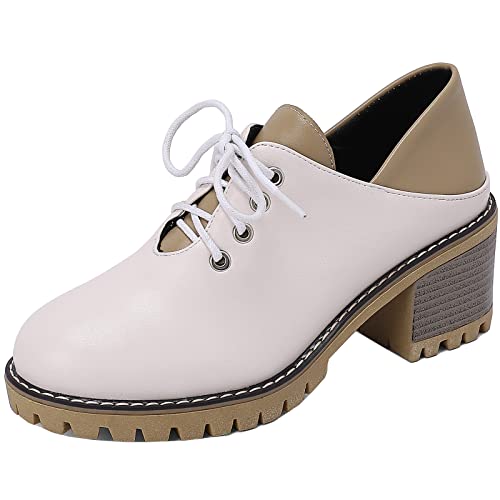 CHICMARK Damen Schnürung Oxford Court Schuhe mit Runder Zehe und Mittleren Chunky Heels Büro Kleid Schuhe für die Arbeit Utility (Weiß, 40) von CHICMARK