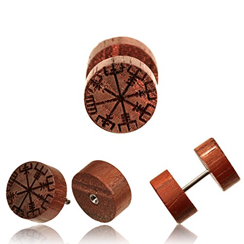 CHICNET® Fake Holzplug Vegvisir Plug Piercing Edelstahl Holz Gravur Wikinger Kompass | Unisex Holzplugs für Männer Frauen | Runen Viking Ohrstecker Damen Herren von CHICNET