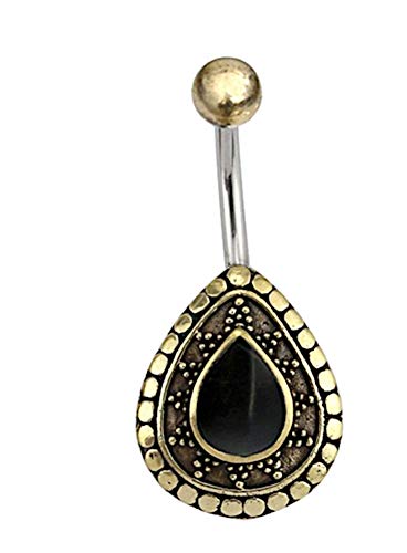 CHICNET Damen Herren Bauchnabel Bananen Piercing Nabelpiercing aus Edelstahl und Brass, Gold Silber, Stab 1.6 x 10mm, Stein oder Muschel Träne Inlay, Sonnen Rand Onyx von CHICNET