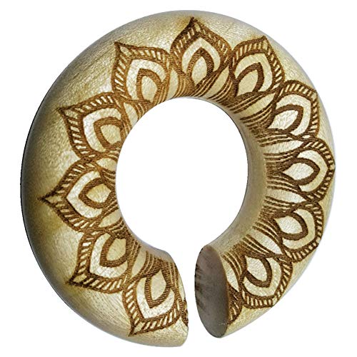 CHICNET Damen Herren Ohrgewicht Dehner Expander Ohr Piercing aus Krokodilholz Holz in hell braun, Ring Donut Dehnschnecke, Gravur Blüte, Größen 8mm - 20mm 14 mm von CHICNET