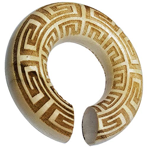 CHICNET Damen Herren Ohrgewicht Dehner Expander Ohr Piercing aus Krokodilholz Holz in hell braun, Ring Donut Dehnschnecke, Gravur griechisch eckige Spiralen, Größen 8mm - 20mm 16 mm von CHICNET