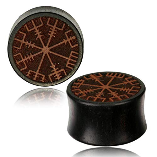 CHICNET Damen Herren Plug Flesh Tunnel Ohr Piercing Dehner aus Arangholz Holz mit Gravur Inlay, Double Flared, braun Dunkelbraun, Wikinger Kompass Runen Viking Vegvisir 32 mm von CHICNET