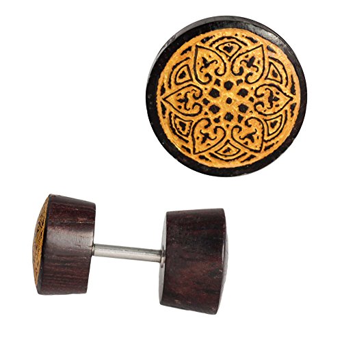 CHICNET Fake Holzplug dunkel Plug Piercing Edelstahl Holz golden Uhu tibetanisches Om Schmetterling Shrivatsa Mandala Endlosknoten Symbole Buddhismus | Unisex Holzplugs für Männer Frauen Mandala von CHICNET