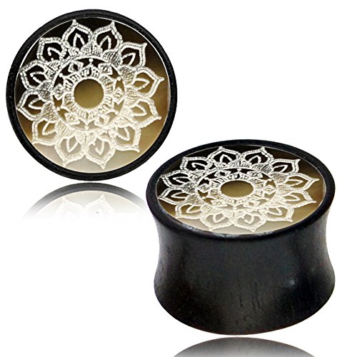 CHICNET Holzplug Black Shell Lotus Blume Gravur Plug Tamarindenholz Inlay Double Flared | Handarbeit mit Holz Muschel Perlmutt | Unisex für Männer und Frauen 06 mm von CHICNET