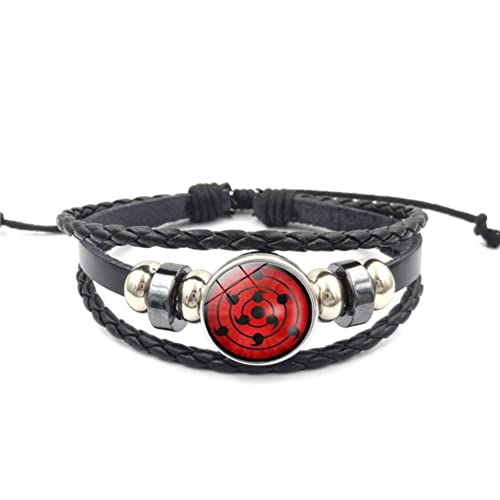 CHICNET Manga Anime Sharingan Auge Leder Armband schwarz silber grau verstellbar Perlen Edelstahl Zink geflochten Band Click Button Scheibe Männer Frauen Arm Schmuck Rinne Sharingan von CHICNET