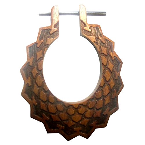 CHICNET Sawoholz Holz Pin Creolen 42mm rotbraun Ohrringe oval Zackenrand Pfeile Schuppen | Horn-Pin organic unisex Holzohrringe Damen Herren | Tribal Ohrschmuck groß Frauen Männer Lobe Piercing von CHICNET