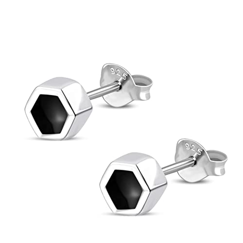 CHICNET mini Ohrstecker 925 Sterling Silber Stein Hexagon Onyx Türkis Paua Abalone Perlmutt Muschel Damen Herren kleine leichte Ohrringe Ohr Schmuck Wabe Sechseck 3mm Onyx von CHICNET