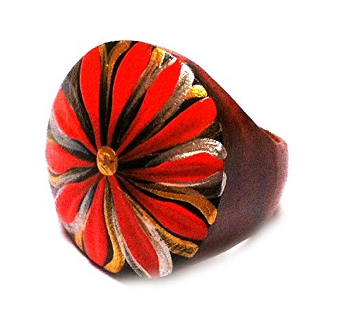 Chic-Net Holzring Sono Holz Ring Damen Schmuck Holzschmuck handbemalt Blume groß rot orange weiß (53 (16.9)) von CHICNET