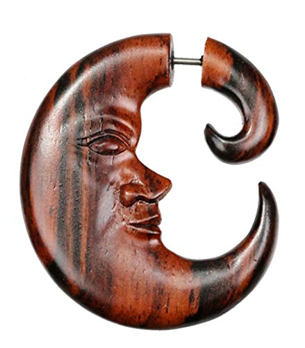 Fake Holz Piercing Halbmond Gesicht Steckverschluss braun gemasert Ohrring |unisex Damen Herren Lobe Ohrstecker Ohrhänger Edelstahl Silikon |Dehner Expander Dehnschnecke Spirale Mond Mädchen Jungen von CHICNET