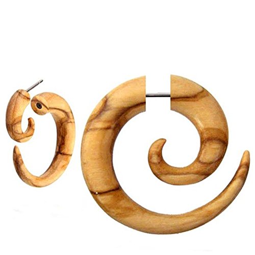 Fake Spirale Lobe Piercing Edelstahl Ohrstecker Dehnschnecke Holz Ohrring Dehner | Dehnspirale unisex Frauen Männer | 6mm 8mm Chirurgenstahl Steckverschluss Schraubverschluss Ohr Tribal hellbraun von CHICNET