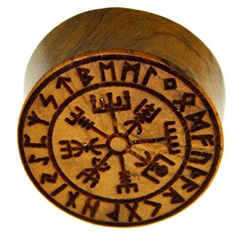 Flesh Holz Plug Vegvisir Viking Wikinger Kompass mit Runen Ring, double flared Tunnel Expander Dehner aus Teakholz in braun, Lobes Piercing mit Laser Gravur für Damen und Herren,10mm - 20mm 25 mm von CHICNET