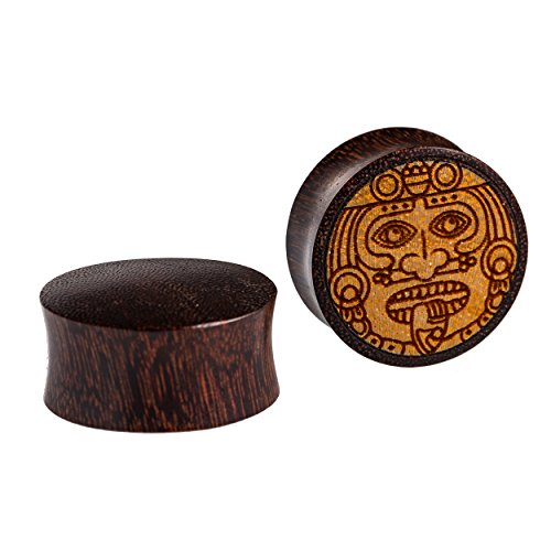 Flesh Plug Krieger Maske Zunge Gravur Holz Tamarinde Jackfrucht double flared Tunnel Expander Dehner | unisex Lobe Piercing Damen Herren Kämpfer | braun hell dunkel Organic Ohrring Ohrstecker 22 mm von CHICNET